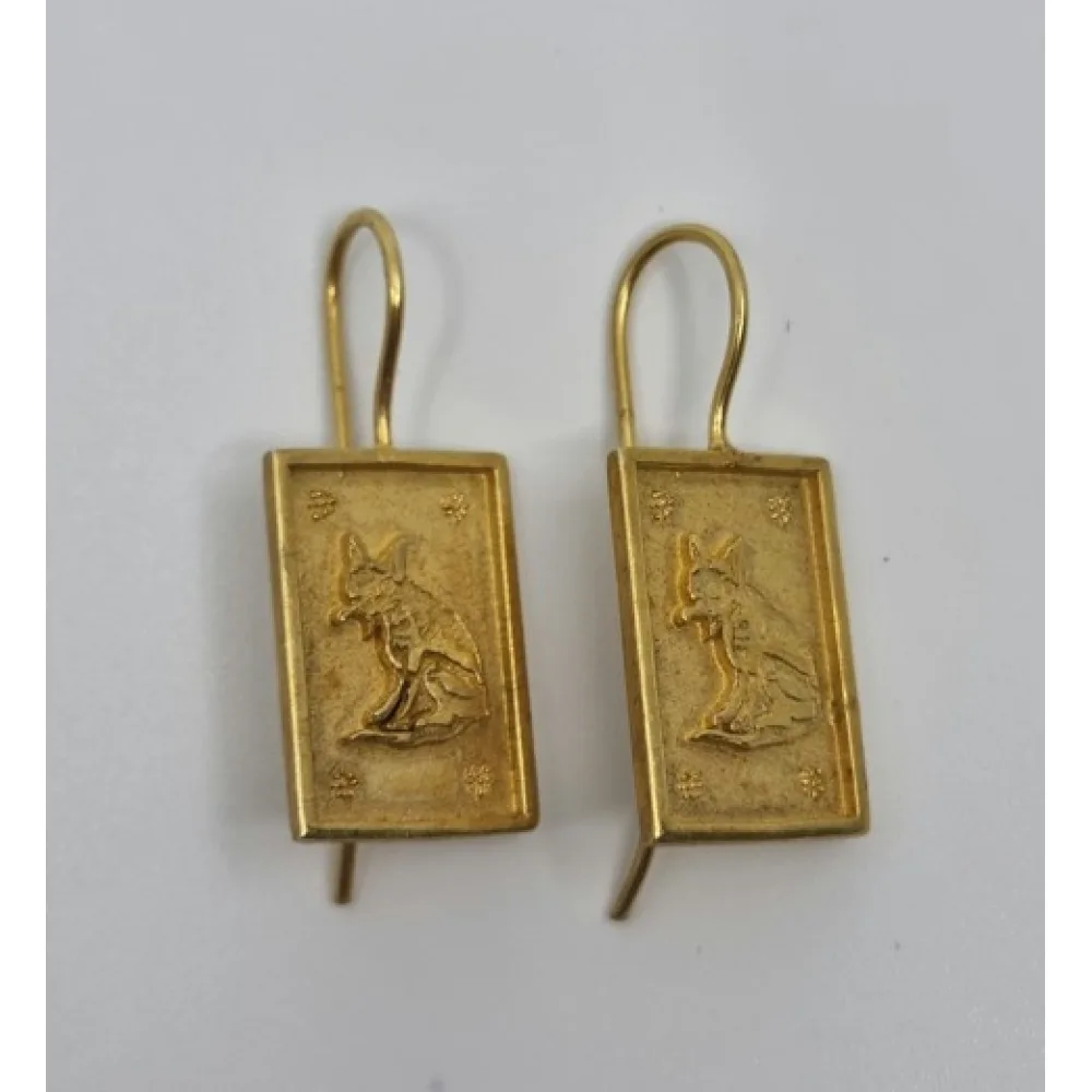 Brincos Gancho de Prata Dourada Azulejo Gato 